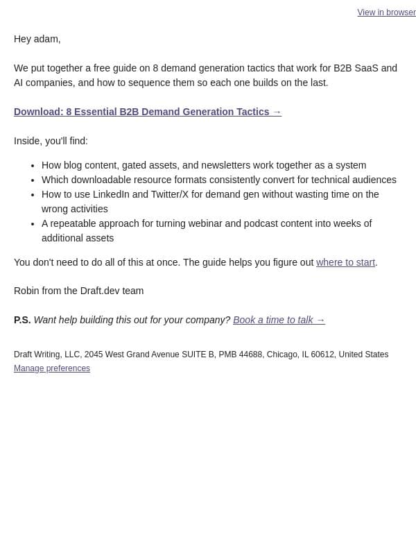 Where should your demand gen start? email from Draft.dev screenshot