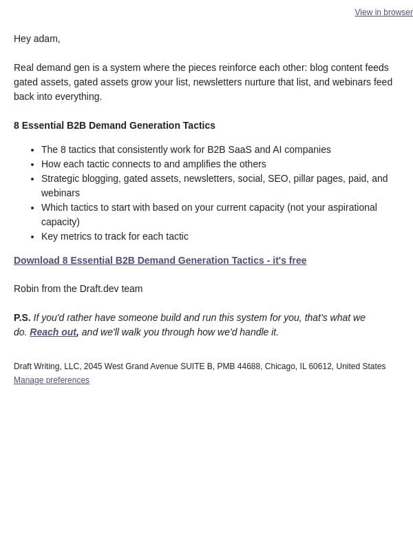 Are your demand gen tactics reinforcing each other? email from Draft.dev screenshot