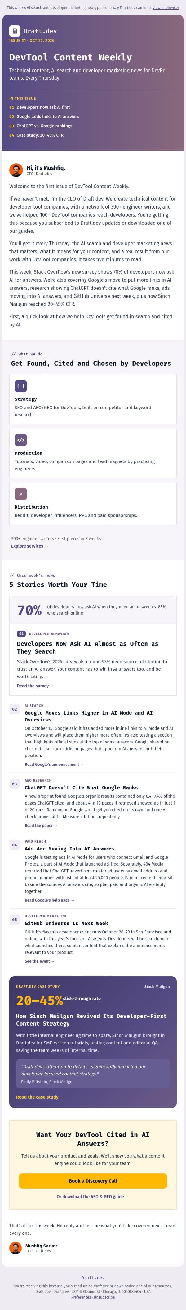 DevTool Content Weekly #1 email from Draft.dev screenshot