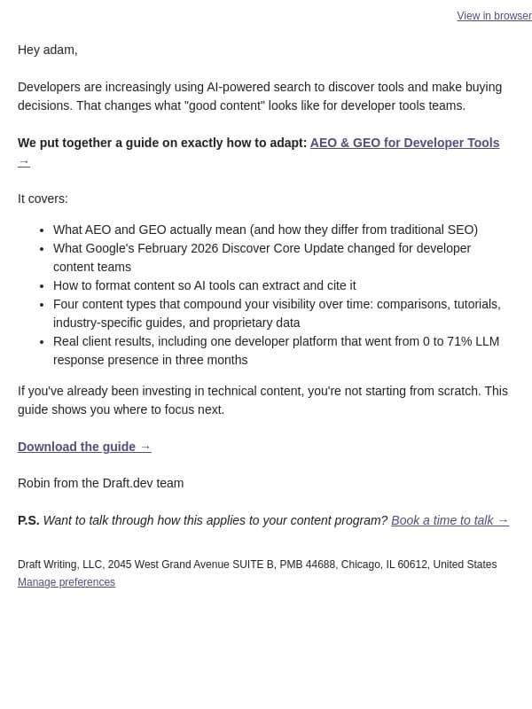 How to show up in AI-generated answers email from Draft.dev screenshot