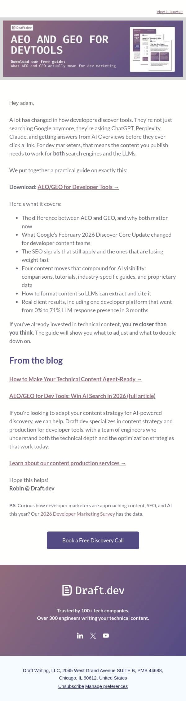 Your guide to getting found in AI-powered search email from Draft.dev screenshot