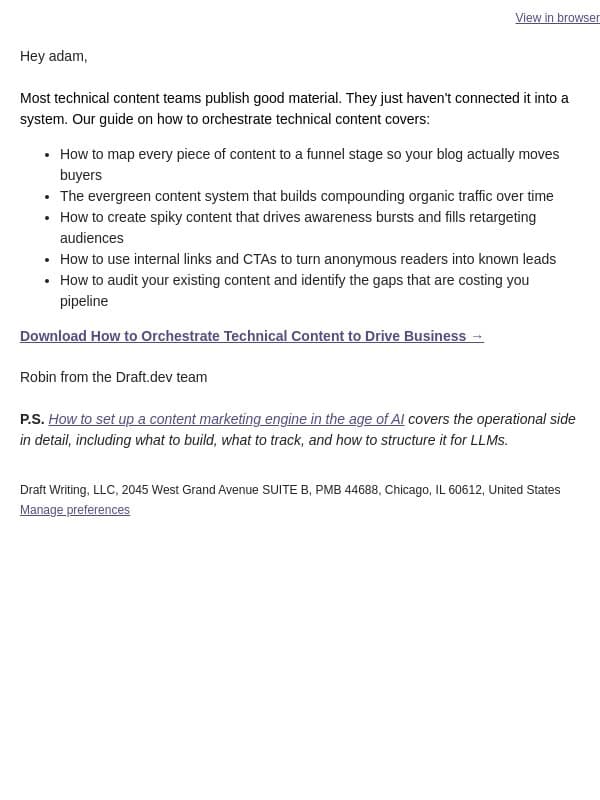 The difference between a content cal and a content engine email from Draft.dev screenshot