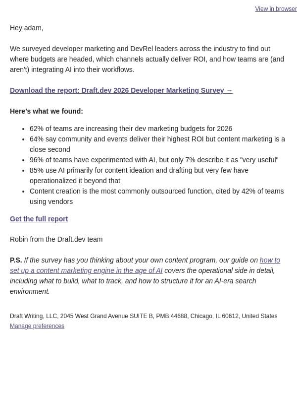 Where dev marketing budgets are going in 2026 (survey data) email from Draft.dev screenshot