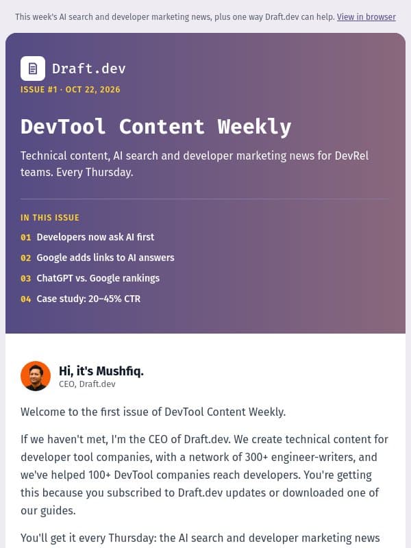 DevTool Content Weekly #1 email from Draft.dev