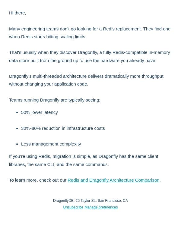Redis scaling issues? Dragonfly fixes them email from Dragonfly screenshot