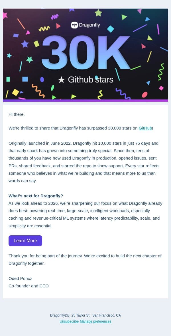 Dragonfly surpasses 30,000 GitHub stars email from Dragonfly screenshot