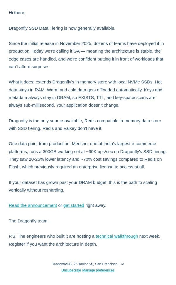 Dragonfly SSD Data Tiering is Generally Available email from Dragonfly screenshot