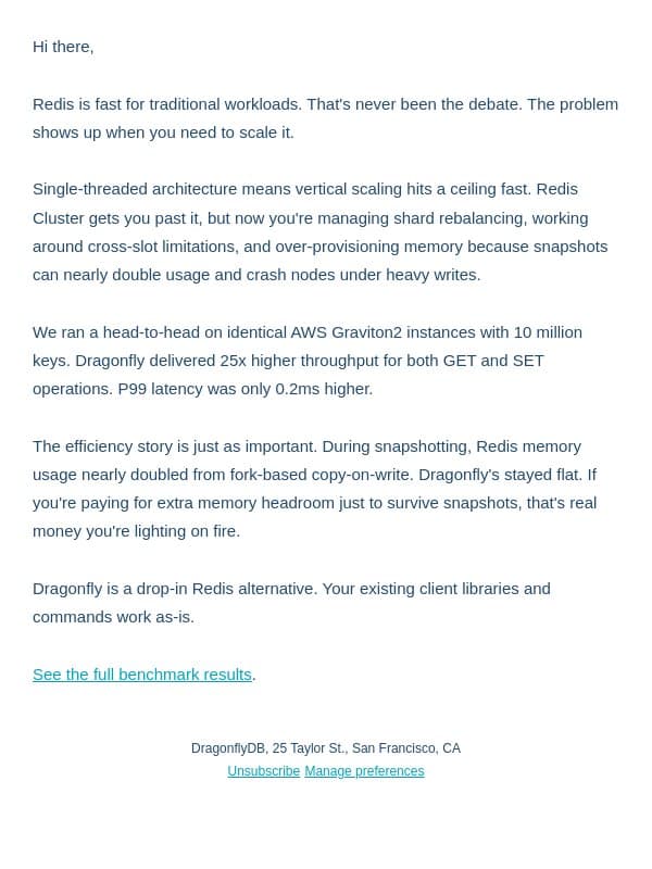 Why scaling Redis gets expensive fast email from Dragonfly screenshot