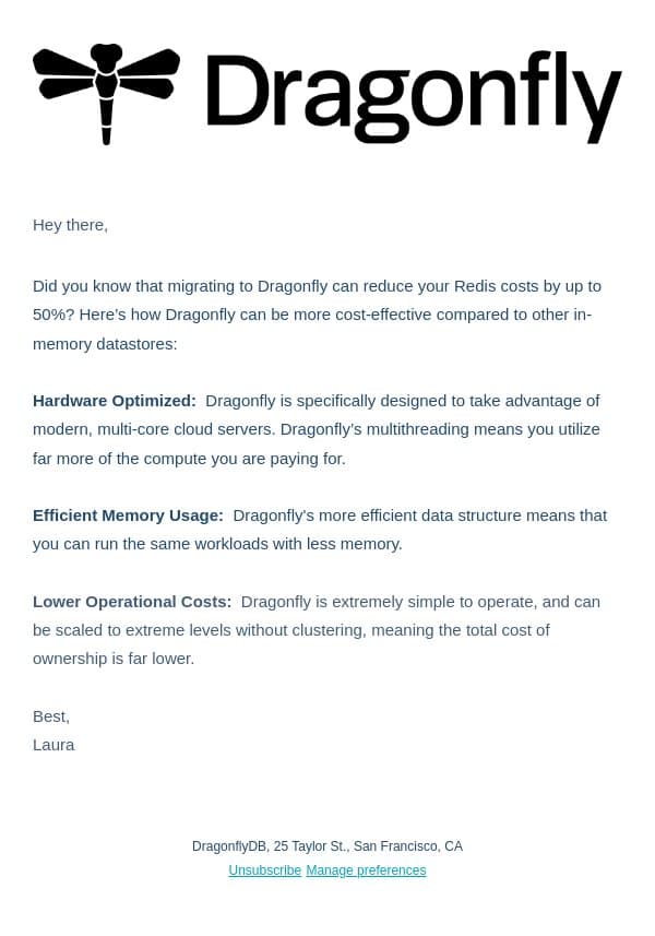 How to reduce costs by 50% in 3 steps email from Dragonfly screenshot