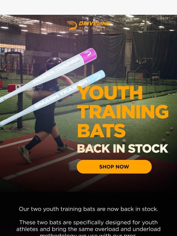 BACK IN STOCK: Youth Training Bats email from Driveline Baseball