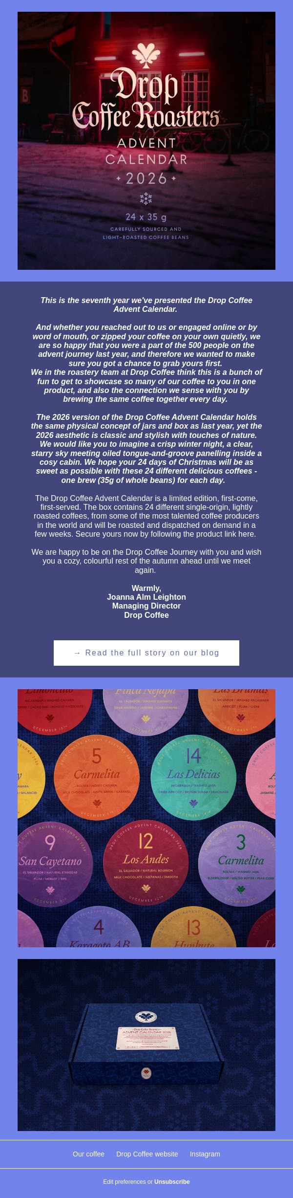 The 2026 Drop Coffee Advent Calendar is here! email from Drop Coffee Roasters screenshot