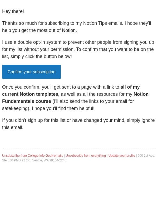 Notion Tips from Thomas Frank - Please Confirm Your Subscription email from Drunk Elephant screenshot