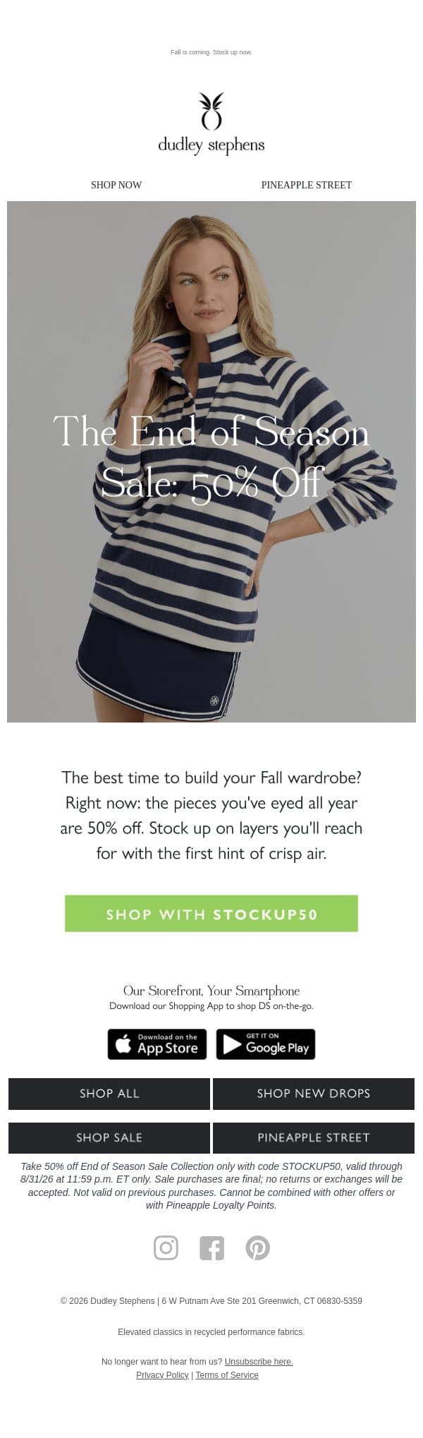 The End of Season Sale: 50% Off email from Dudley Stephens screenshot