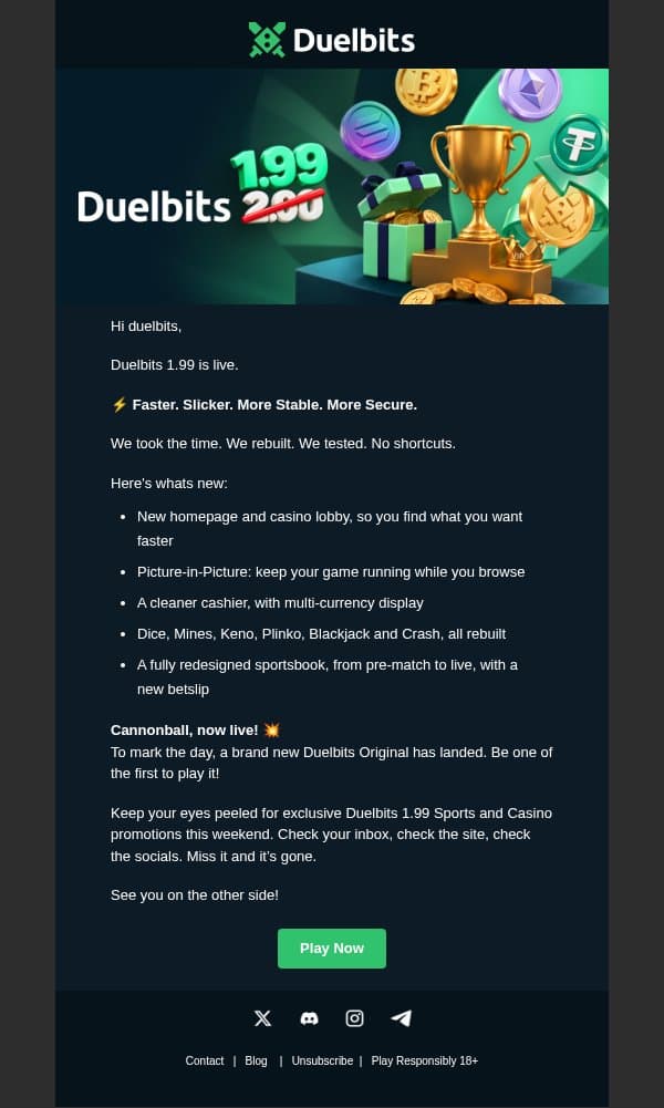 Duelbits 1.99 Is Here! 🔥 email from Duelbits screenshot