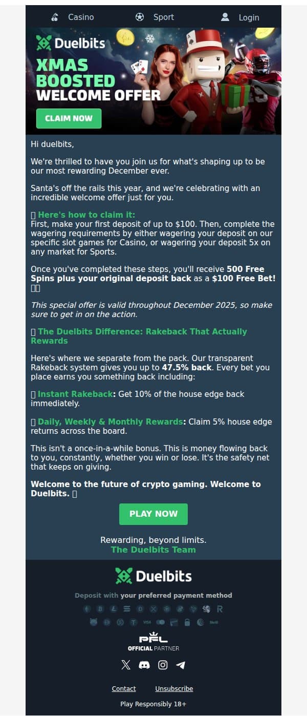 Welcome To Duelbits email from Duelbits screenshot
