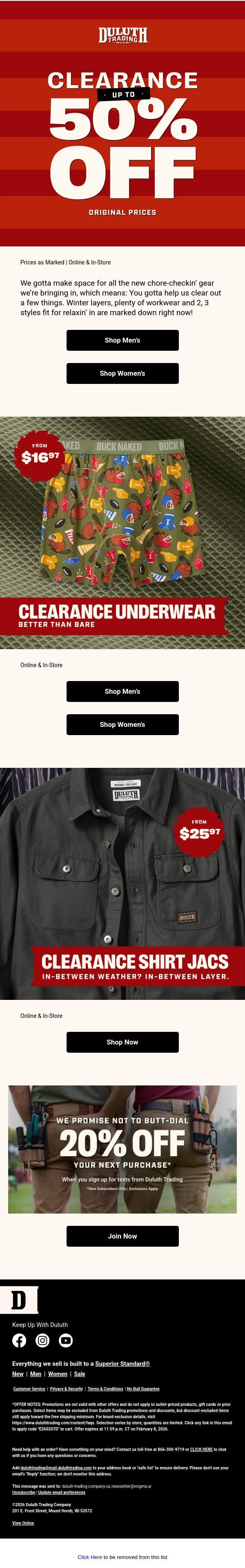 ⬆️2️⃣ 50% OFF Clearance! email from Duluth Trading Company screenshot