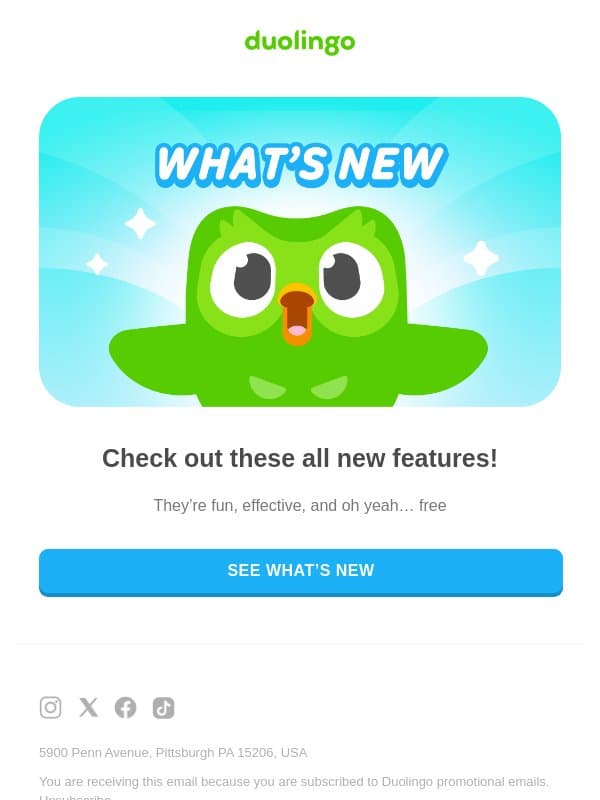 โจ New features, new suits, new ways to learn!! email from Duolingo