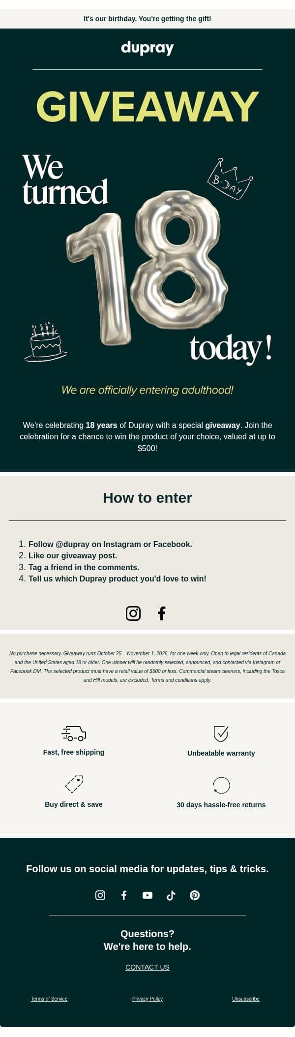 🎁 GIVEAWAY: We're turning 18! email from Dupray screenshot
