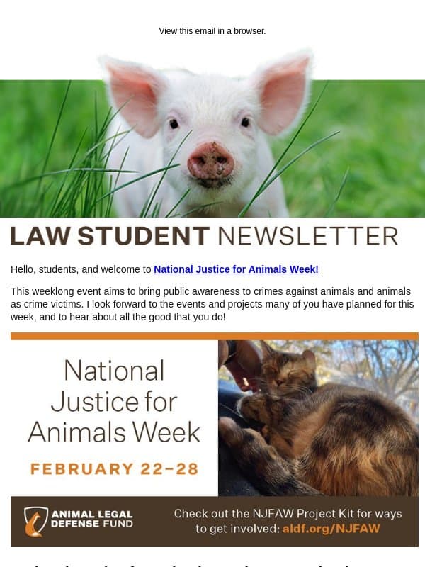 Law Student News: National Justice for Animals Week and more! email from Dusen Dusen