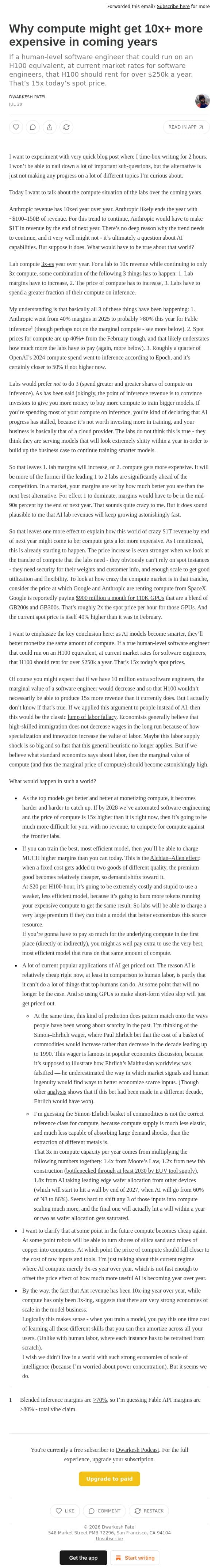 Why compute might get 10x+ more expensive in coming years email from Dwarkesh Patel screenshot