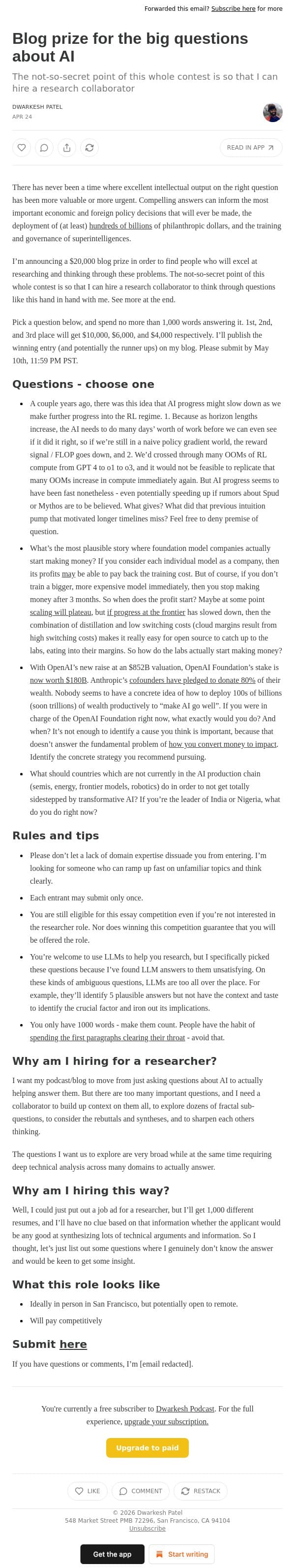 Blog prize for the big questions about AI email from Dwarkesh Patel screenshot