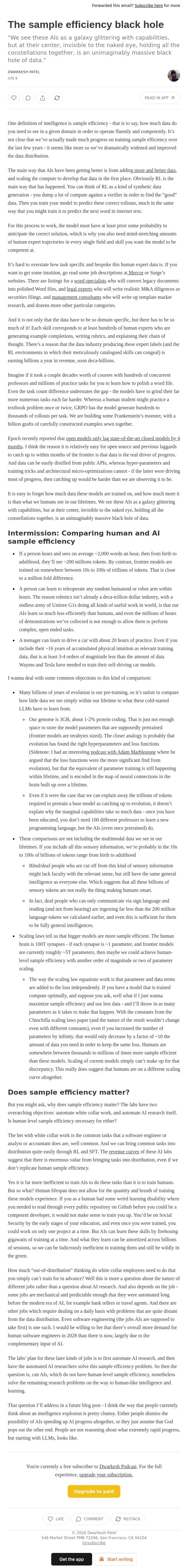 The sample efficiency black hole email from Dwarkesh Patel screenshot
