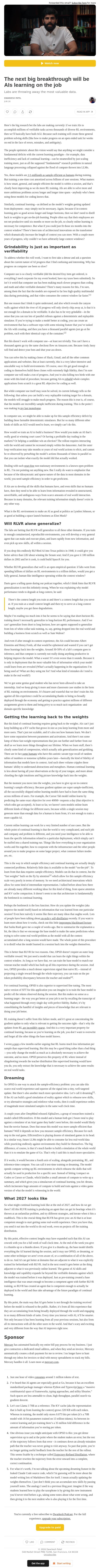 The next big breakthrough will be AIs learning on the job email from Dwarkesh Patel screenshot