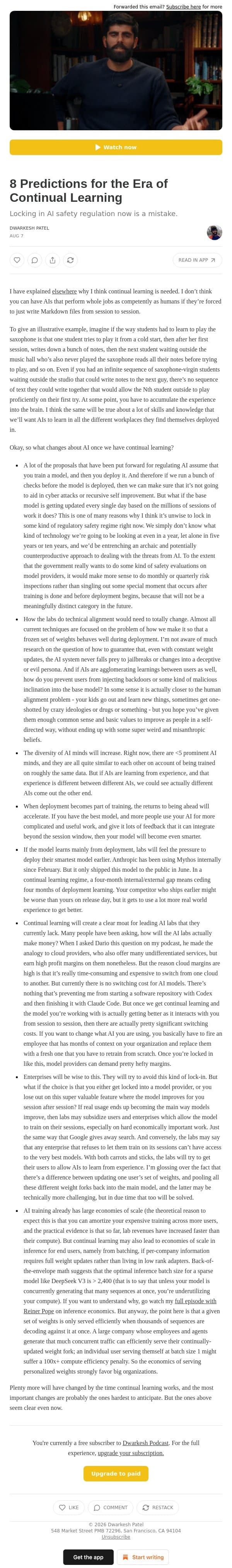 8 Predictions for the Era of Continual Learning email from Dwarkesh Patel screenshot