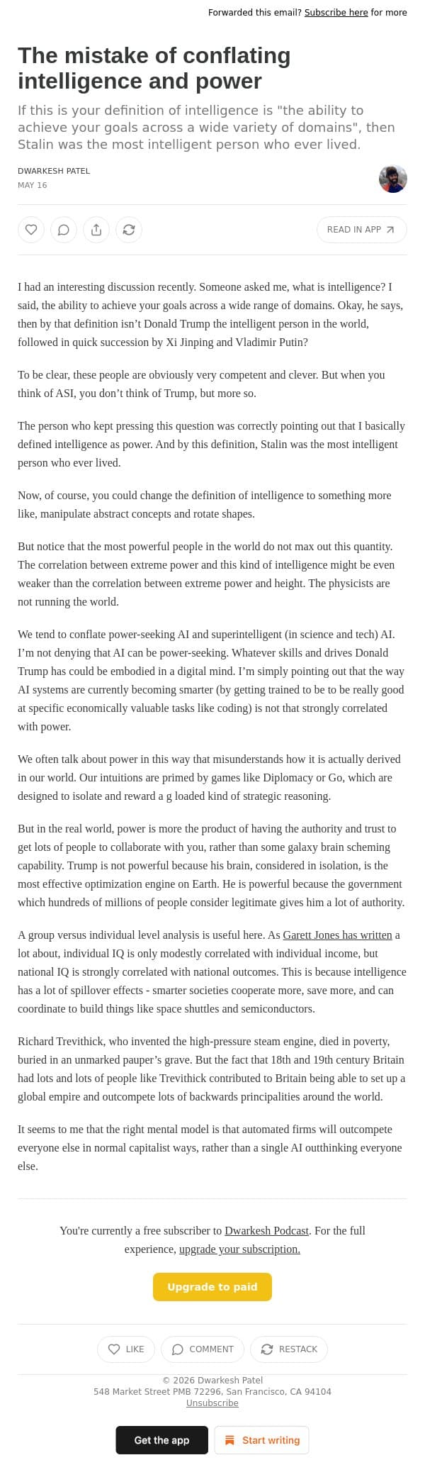The mistake of conflating intelligence and power email from Dwarkesh Patel screenshot