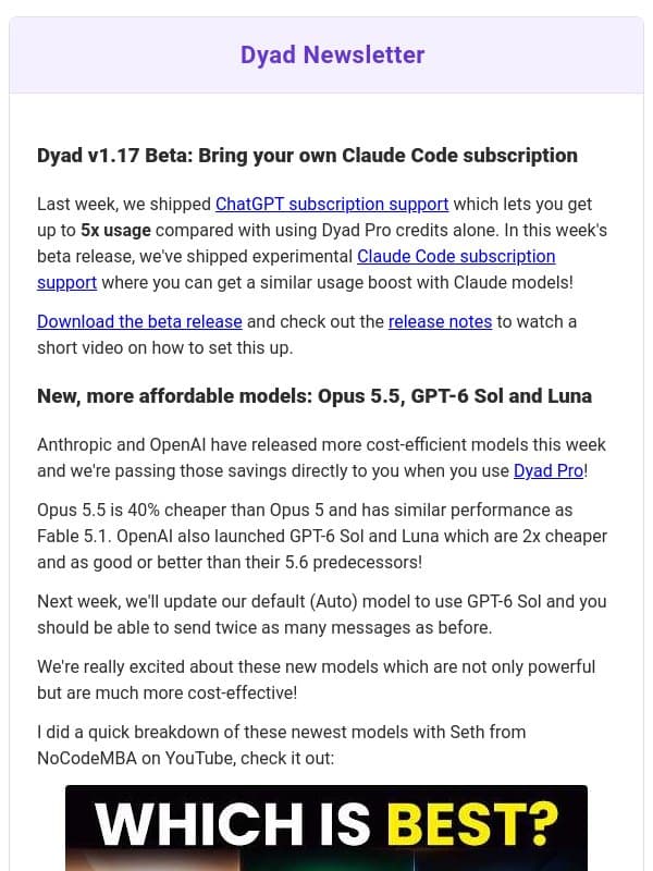 Dyad v1.17 Beta: Claude Code support + new models! email from Dyad