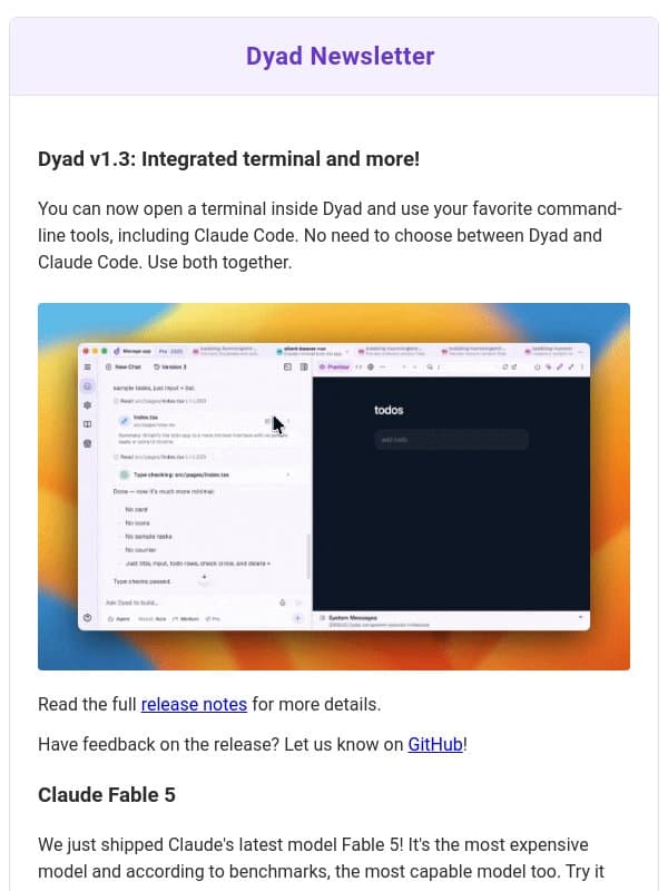 Dyad v1.3: Integrated Terminal, Claude Fable 5! email from Dyad