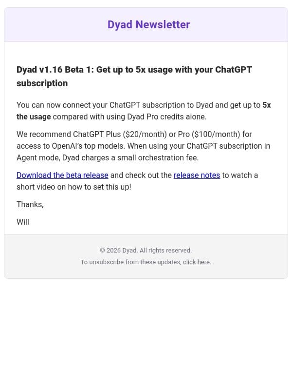 Dyad v1.16 Beta: Get up to 5x usage with your ChatGPT subscription email from Dyad