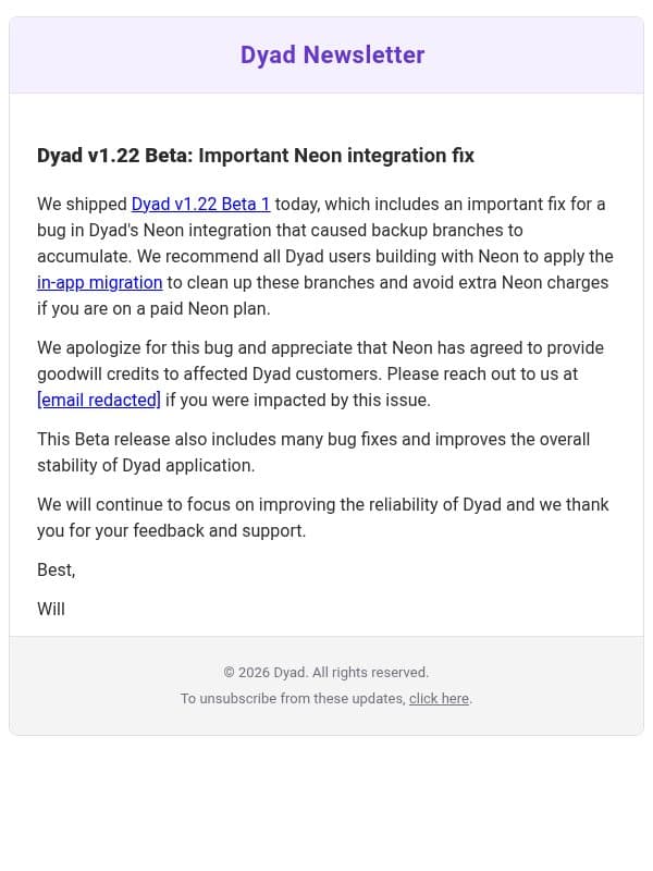 Dyad v1.22 Beta: Important Neon integration fix email from Dyad