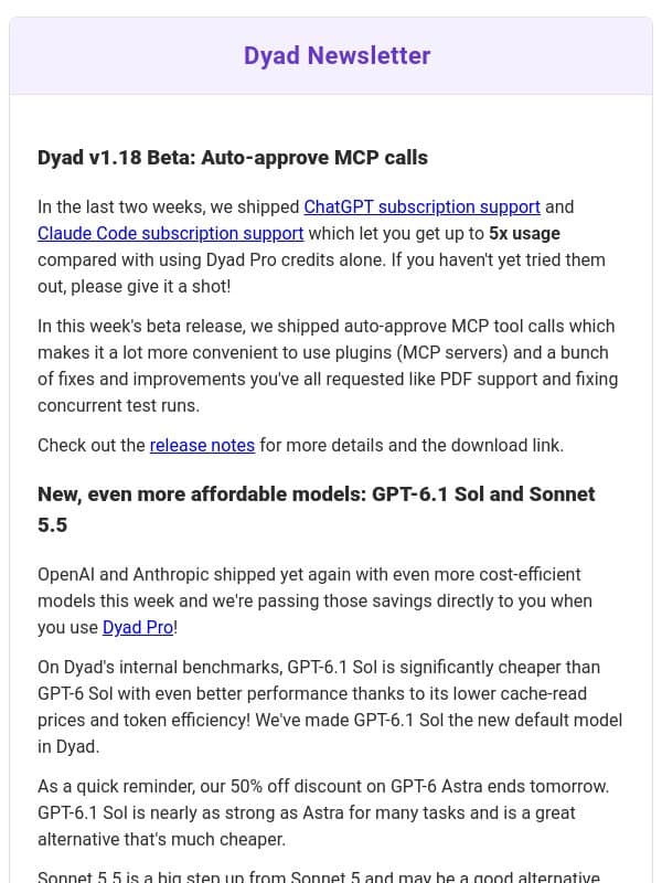 Dyad v1.18 Beta: auto-approve MCP calls + new models! email from Dyad