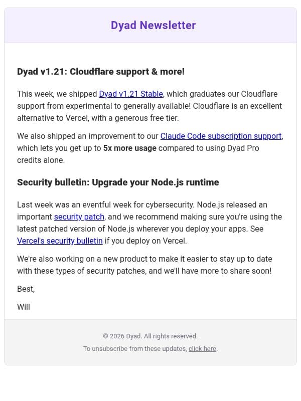 Dyad v1.21: Cloudflare support & more! email from Dyad