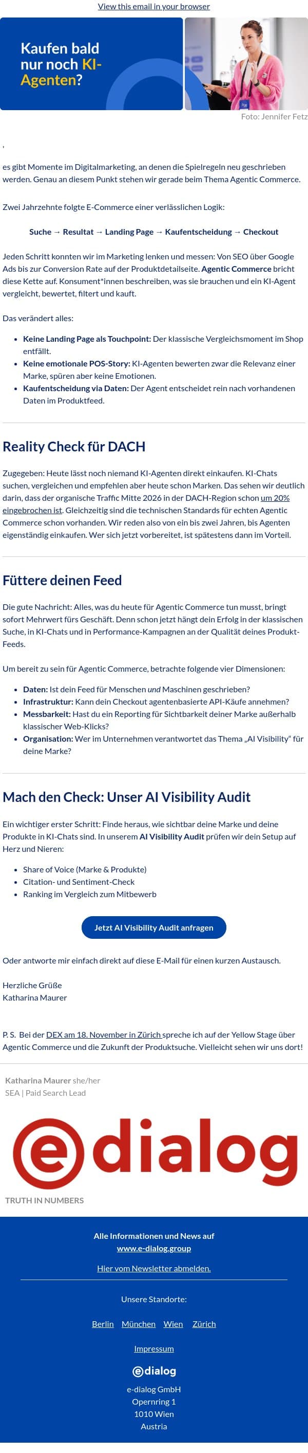 Der Feed ist die neue Landing Page: Wo stehst du bei Agentic Commerce? email from e-dialog screenshot