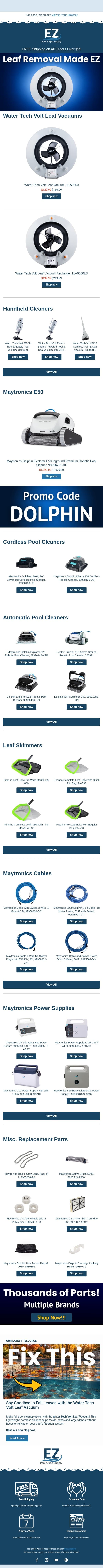 ๐ Leaves Belong on Trees, Not in Your Pool! email from E-Z Test Pool Supplies screenshot