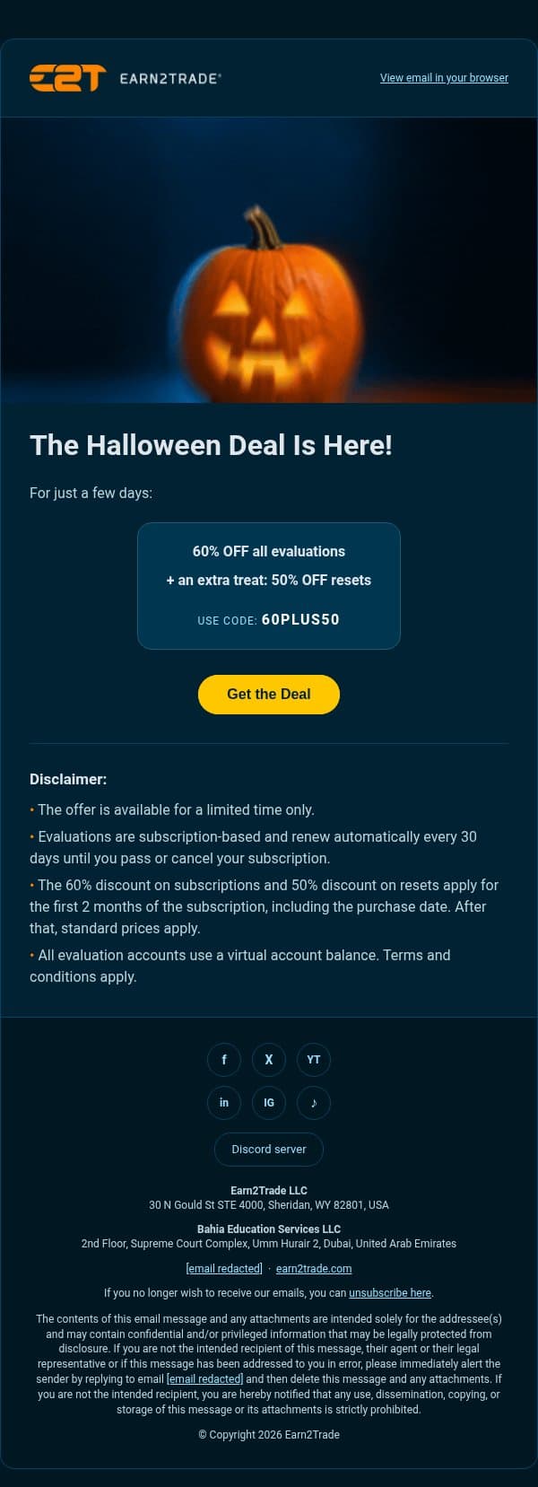 60% OFF All Evaluations + an Extra Treat π email from Earn2Trade screenshot