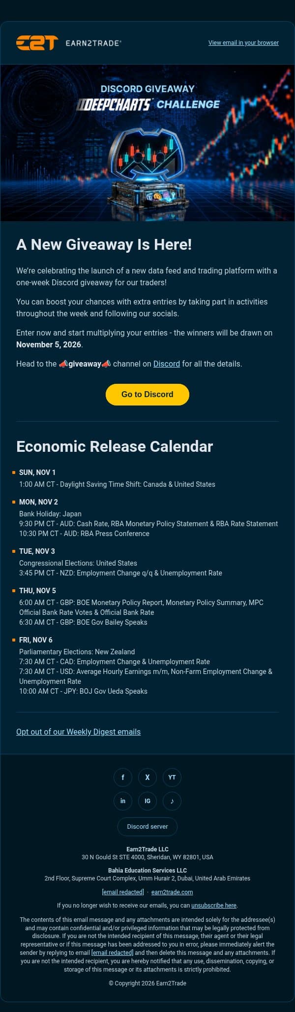 🎉 A New Discord Giveaway Is Live Through November 5! email from Earn2Trade screenshot