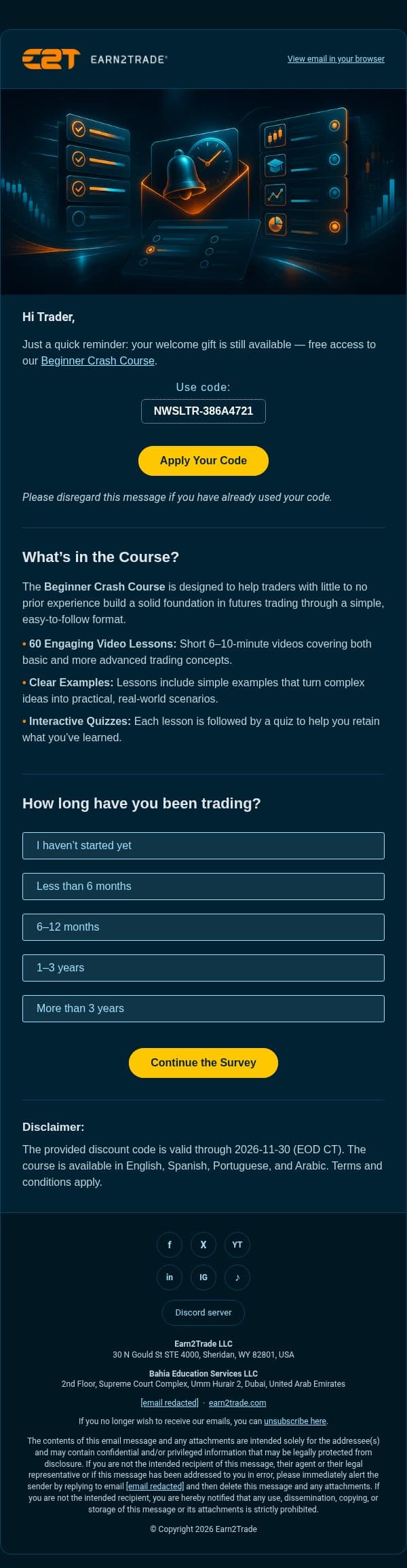 Futures Trading Basics, Explained email from Earn2Trade screenshot