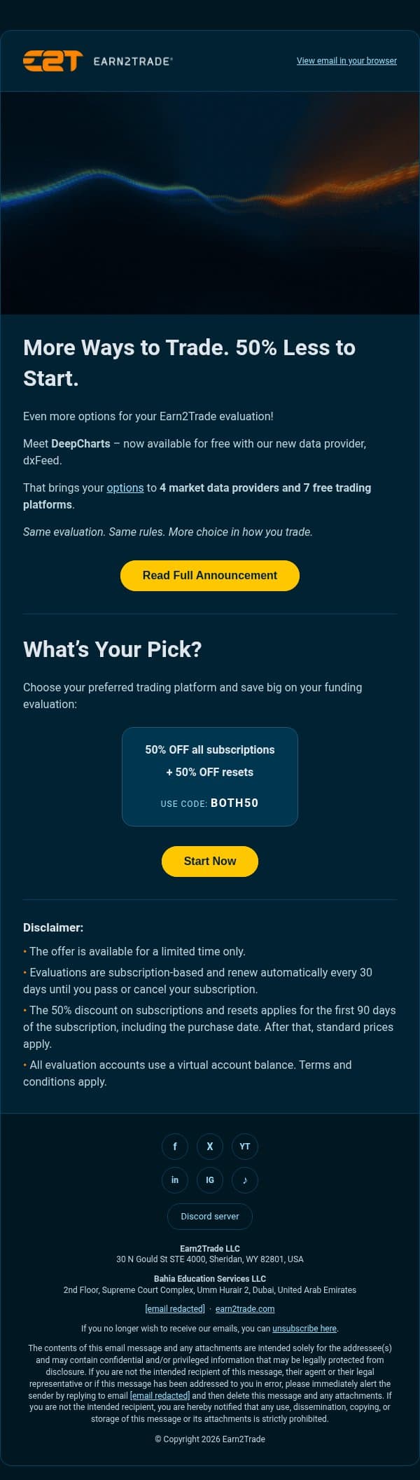 ⚡️ New at Earn2Trade: DeepCharts with dxFeed email from Earn2Trade screenshot