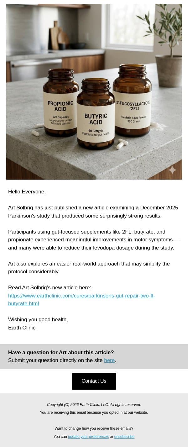 New Parkinson’s Study Shows Unexpected Improvements email from Earth Clinic screenshot