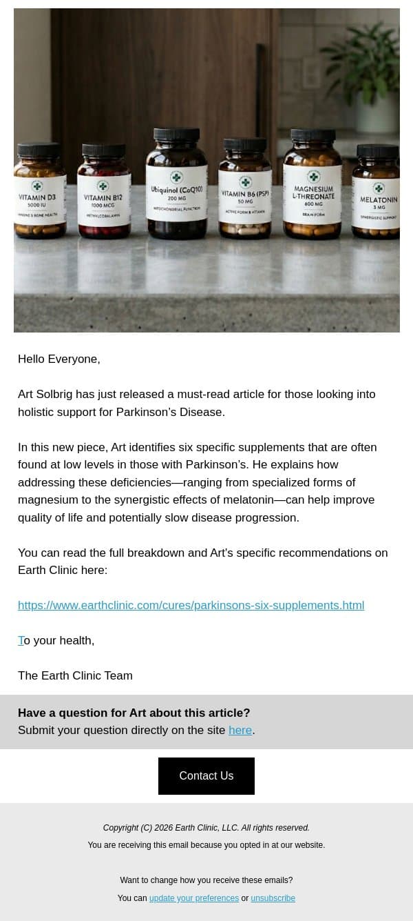 6 Key Supplements for Parkinson’s Support email from Earth Clinic screenshot