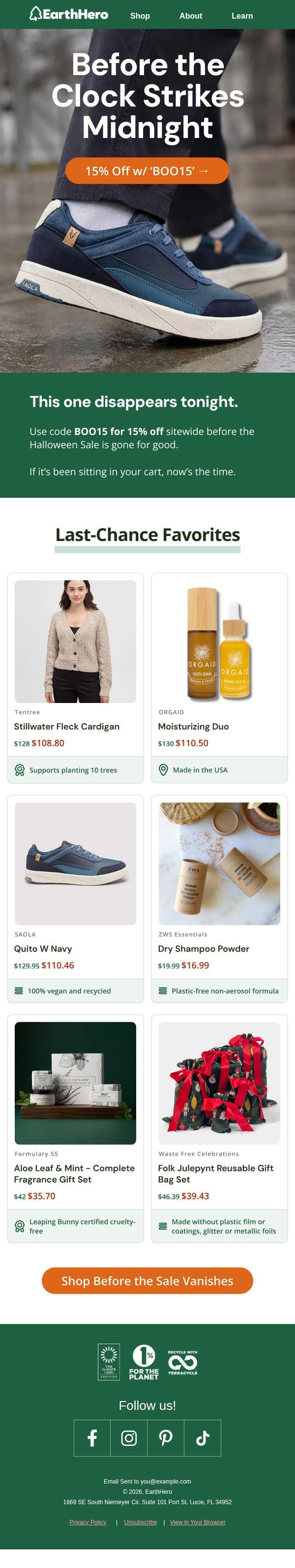 Your 15% Off Vanishes at Midnight π email from EarthHero screenshot