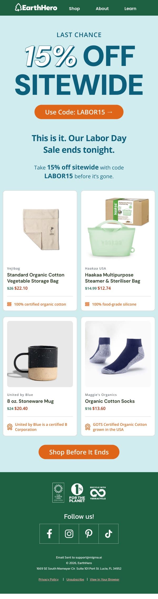 Ends Tonight: 15% Off Sitewide email from EarthHero screenshot
