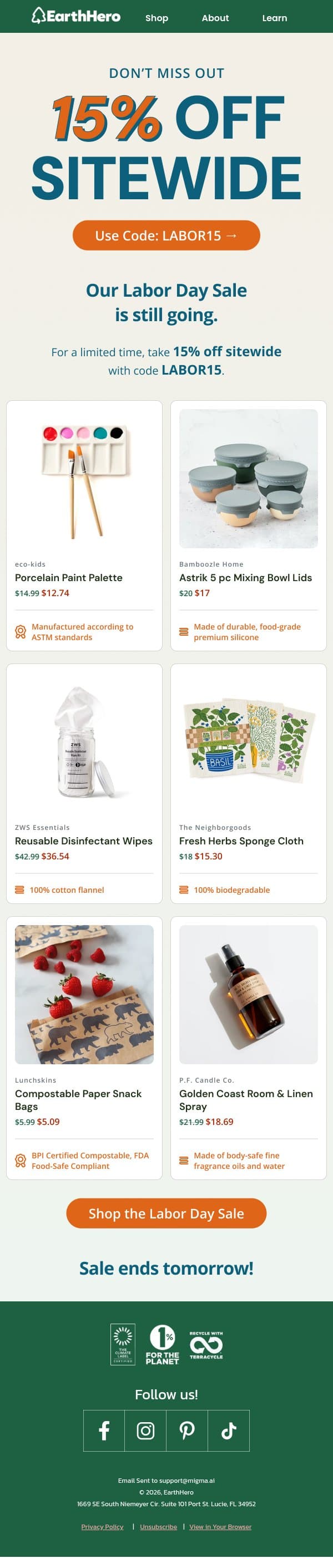 15% Off Sitewide Is Still Going ✨ email from EarthHero screenshot