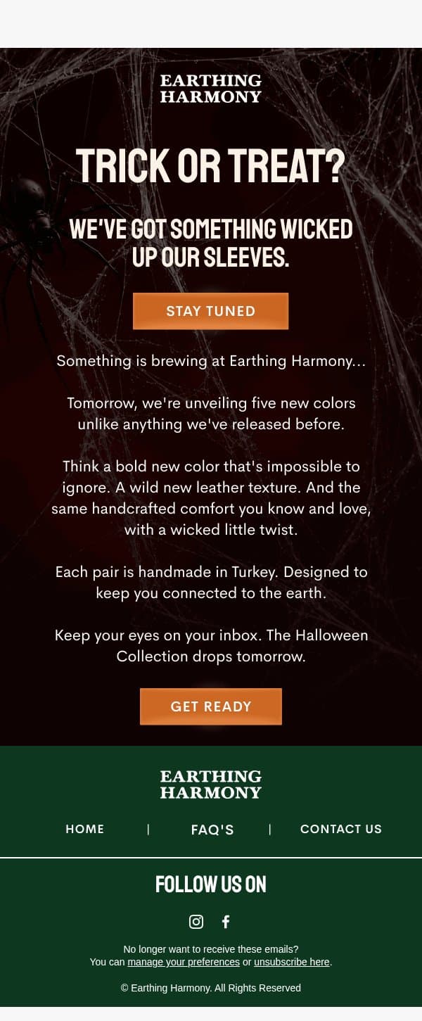 Our Halloween collection drops tomorrow email from Earthing Harmony screenshot