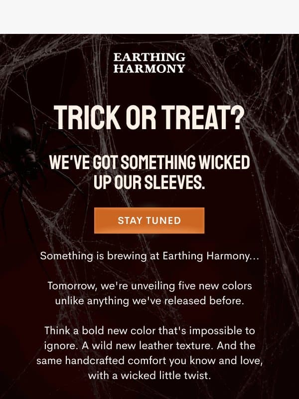 Our Halloween collection drops tomorrow email from Earthing Harmony
