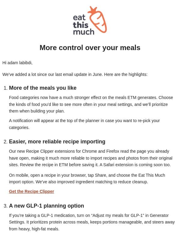 🥕 Better Meal Plans, Easier Recipe Imports, and New GLP-1 Mode email from Eat This Much