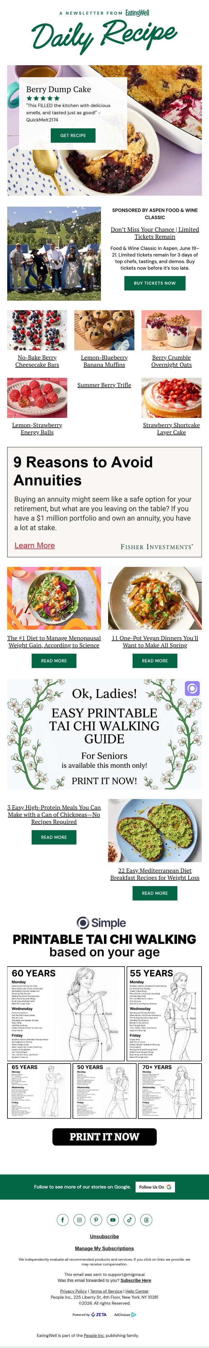Berry Dump Cake email from EatingWell screenshot
